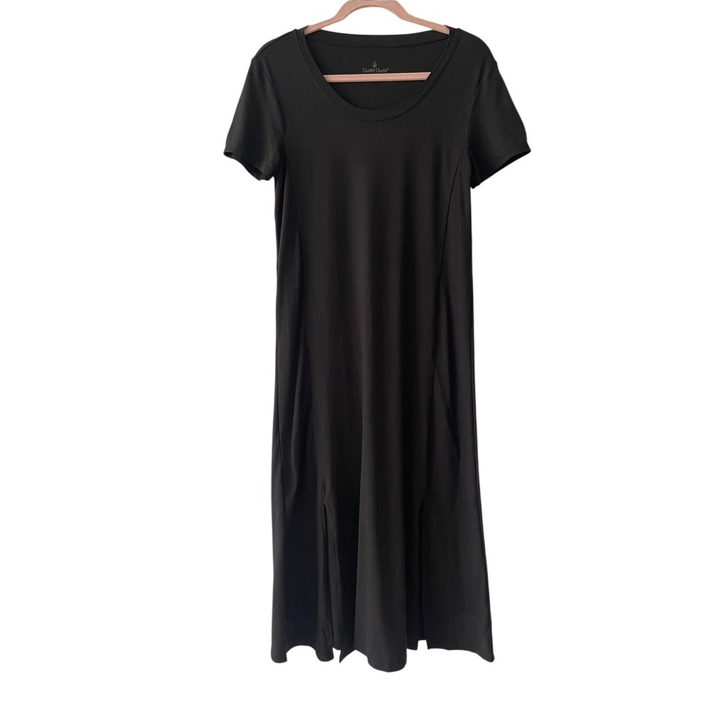 Cuddl Duds Black Short-Sleeve Midi Scoop Neck Dress Medium‎ Petite
